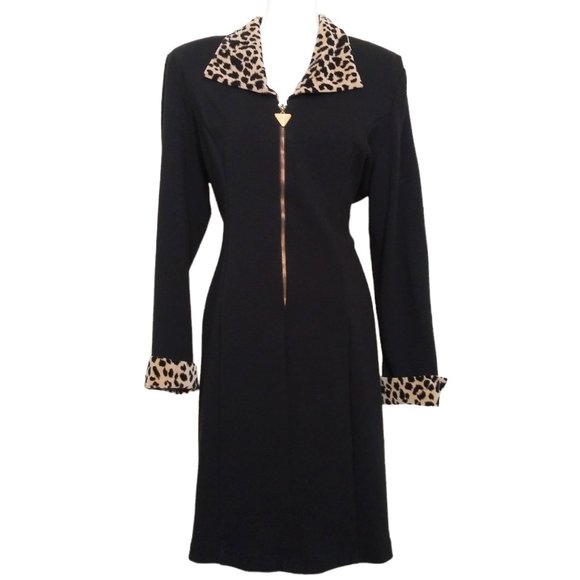 Vtg 80s Jessica Howard Black Coat Dress Size 16 Stretch Zip Front Leopard Trim - Picture 1 of 5